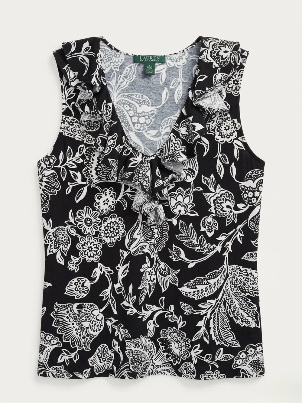 Ralph Lauren Black & White Floral Ruffle V-Neck Sleeveless Top Bohemian Romantic
